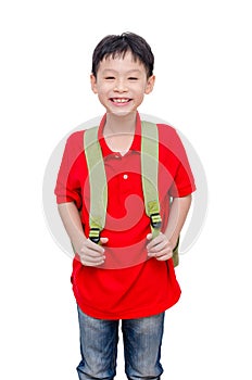 Schoolboy with backpack over white