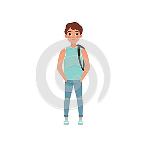 Schoolboy with backpack, student of highschool school, stage of growing up concept vector Illustration on a white