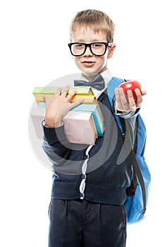 Schoolboy with books and apple posing on white background in uni