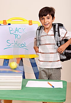 Schoolboy with books and backpack