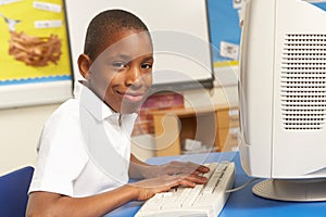 Schoolboy In IT Class Using Computer photo