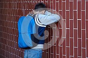 Schoolboy cries in the yard of the school leaning against the wall