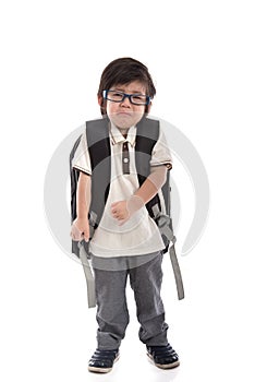 Schoolboy crying, isolated on white background