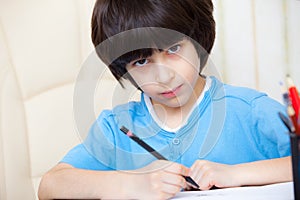 Schoolboy doing homework with pen