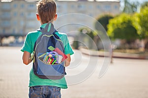 Schoolboy with full backpack go to school. Back view