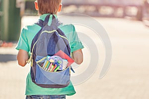 Schoolboy with full backpack go to school. Back view