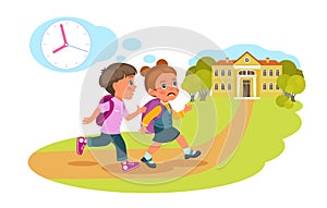 Schoolboy and girl run to school because they are late for class. Happy young pupils hurry. Cute children rushing to