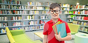Schoolboy in glasses with books at library