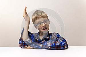 schoolboy with glasses raises his hand. boy in plaid shirt knows answer. Elementary school. Study online from home