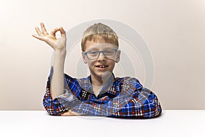 schoolboy with glasses raises his hand. boy in plaid shirt knows answer. Elementary school. Study online from home