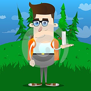 Schoolboy holding white tall box. Vector cartoon character illustration.