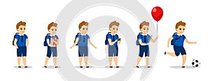 Schoolboy kid character different poses. Cute boy in uniform set. Smiling male child with backpack, holding textbooks