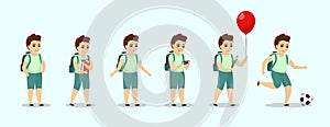 Schoolboy kid character in different poses. Cute cartoon boy set. Smiling male child with backpack, hold textbooks, play