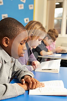 Schoolboy Reading Book In Classroom