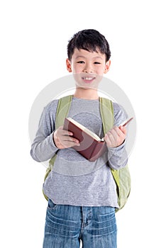 Schoolboy reading book over white background