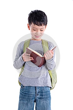 Schoolboy reading book over white background