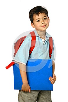 Schoolboy with red rucksack photo