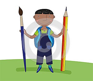 Schoolboy with a school backpack behind his back holding a pencil and a brush