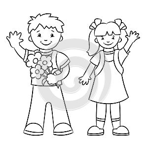 Schoolboy and schoolgirl, boy and girl. Coloring book page