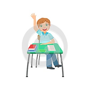 Schoolboy Sitting Behind The Desk In School Class Raising Hand To Answer Illustration, Part Of Scholars Studying Vector