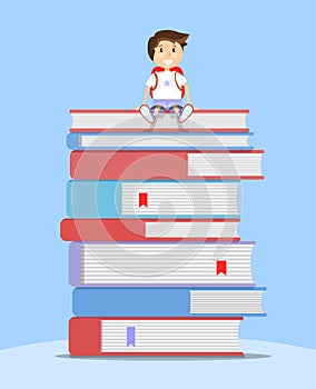 Schoolboy sitting on stack of books. Vector flat illustration. Education concept