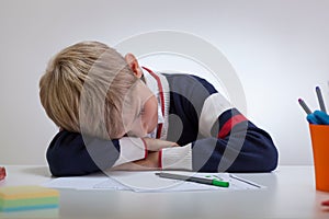 Schoolboy sleeping at the desk