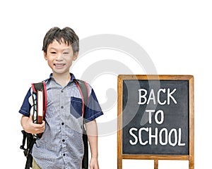 Schoolboy smiles with chalkboard