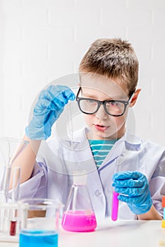 A schoolboy studies multi-colored substances in test tubes, conducts experiments - a portrait on a white background.