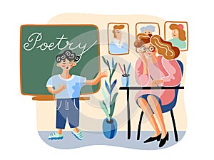 Schoolboy tells poem flat vector illustration