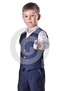 Schoolboy with usb flashdrive on white background