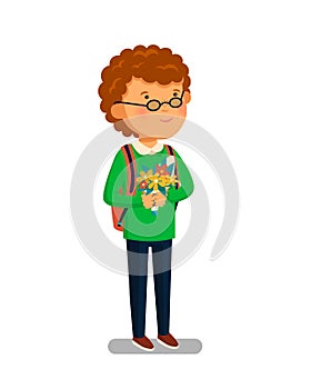 Schoolboy vector. Happy schoolboy with backpack holding bouquet of flowers