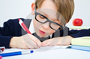 Schoolboy writing homework