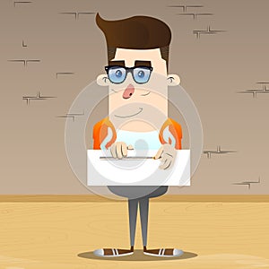 Schoolboy zipping a banner. Vector cartoon character illustration.