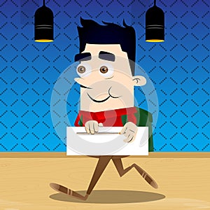 Schoolboy zipping a banner. Vector cartoon character illustration.