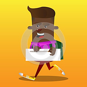 Schoolboy zipping a banner. Vector cartoon character illustration.