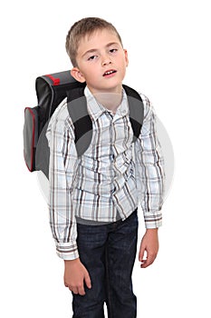 Schoolchild with a heavy satchel on shoulders.