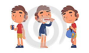Schoolchild Daily Routine with Boy Drinking Soda, Brushing His Teeth and Putting Book in Backpack Vector Set