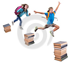Schoolchildren with backpacks leaping over piles of books