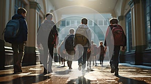 Schoolchildren with backpacks walking down the street to school in autumn