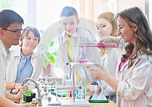 Schoolchildren doing experiment in science class