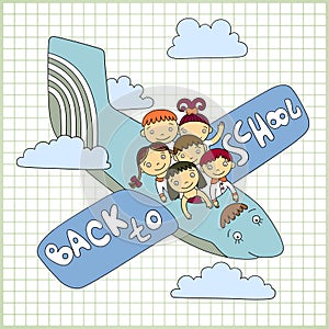 Schoolchildren fly in an airplane