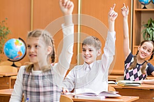Schoolchildren with hands up at lesson in classroom