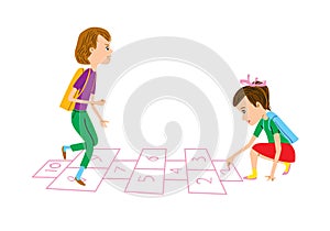 Schoolchildren play hopscotch. Girl draws with chalk and boy jumps on one leg. Back to school vector illustration