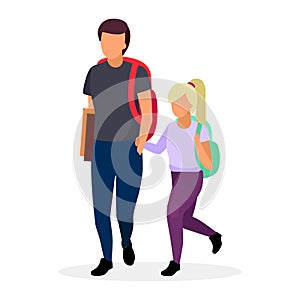 Schoolchildren, schoolkids going to school flat vector illustration. Older brother with younger sister holding hands cartoon