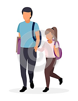 Schoolchildren, schoolkids walking flat illustration. Older brother with younger sister holding hands with backpacks cartoon