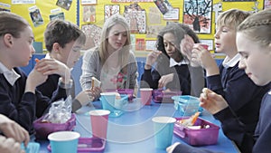 Schoolchildren Sitting Eating Packed Lunch With Teacher