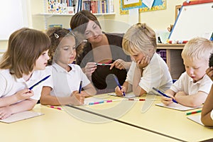 Schoolchildren and their teacher in primary class