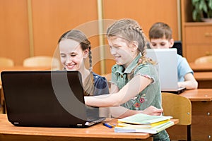Schoolchildren using laptop at lesson