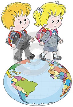 Schoolchildren walking around a globe