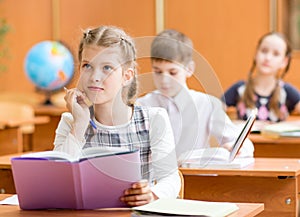 Schoolchildren work at lesson